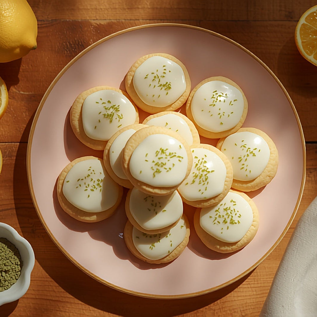 Round Strawberry Gum cookies iced with white lemon icing flecked with green, stacked on a pale pink plate with fresh lemon and a small dish of ground spice in bright spring light
