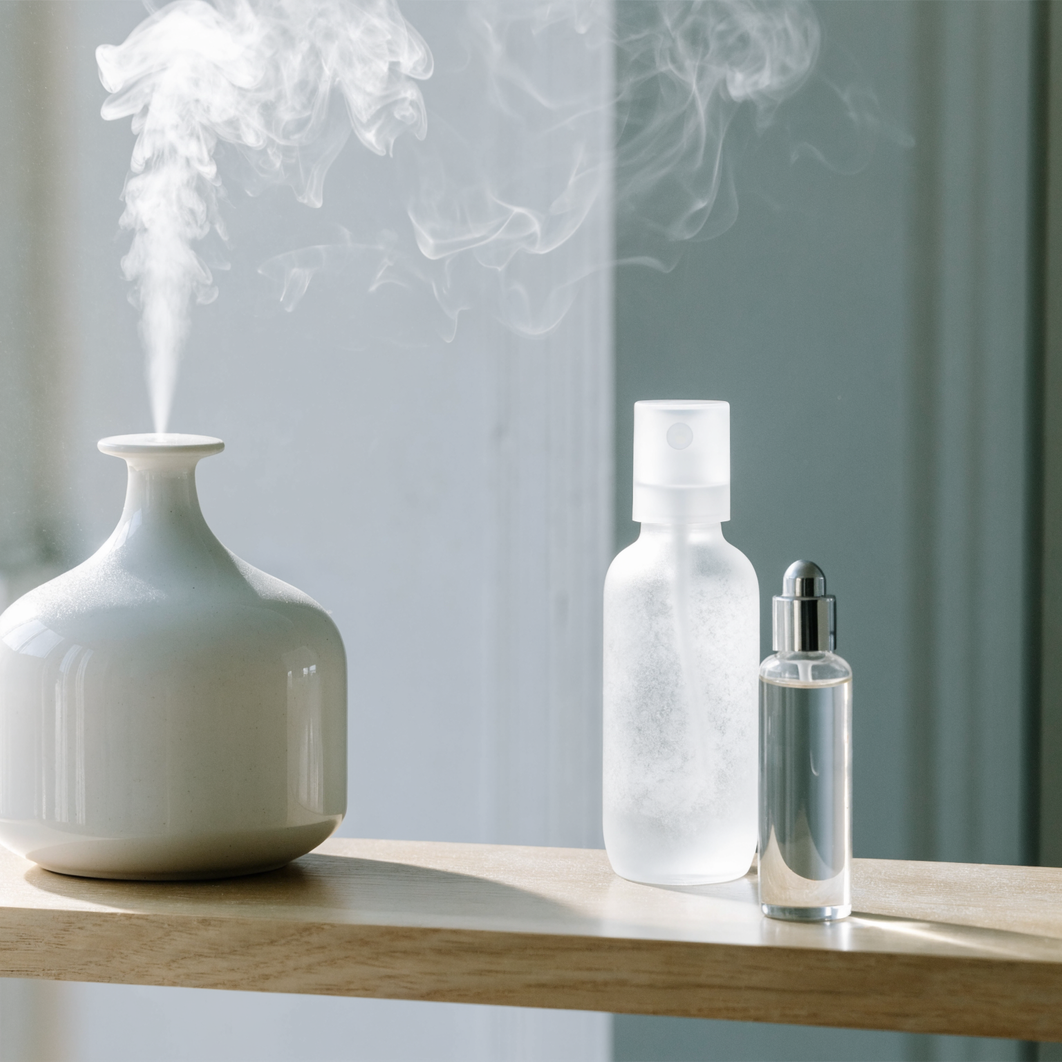 A diffuser, a mist bottle and a roller bottle side by side on a timber shelf