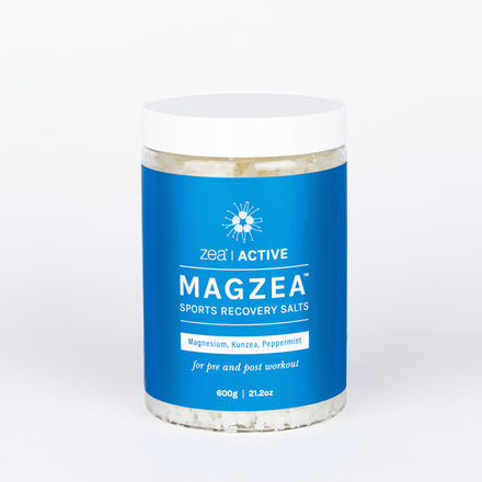 Container of Magzea Sports Recovery Salts with blue label on a white background
